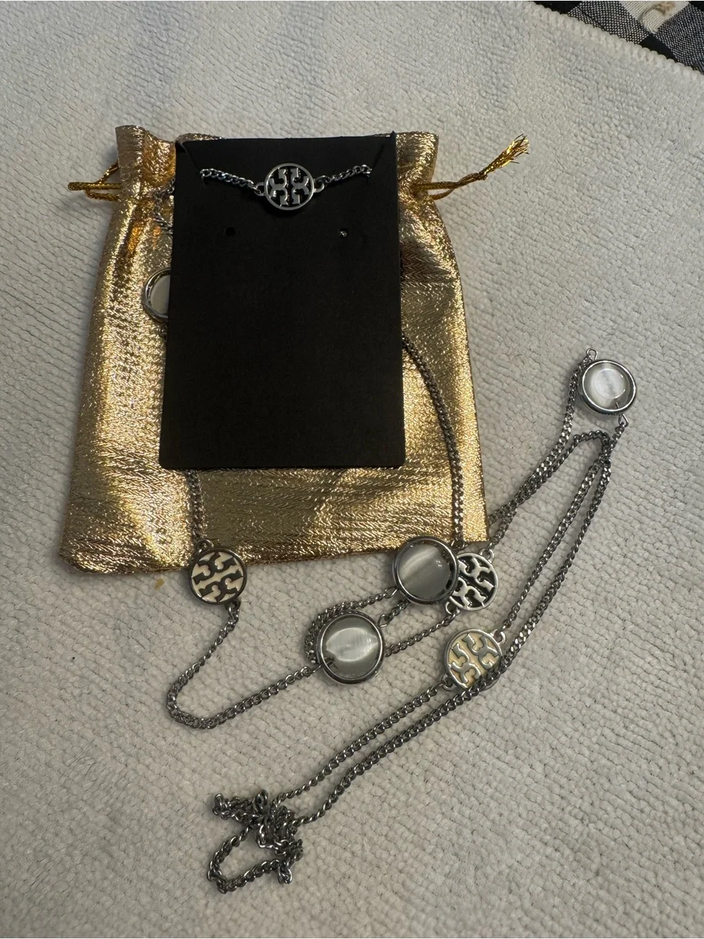 Tory Burch Silver-Tone Logo & Mother-of-Pearl Station Necklace